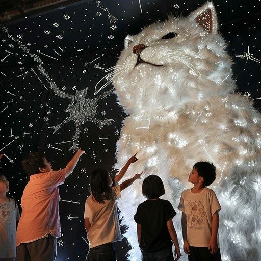 Kinderen bewonderen een reusachtige oplichtende kattenlichtsculptuur
